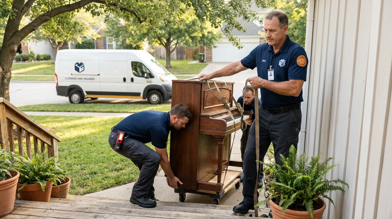Licensed piano movers securing grand piano in National Park, NJ