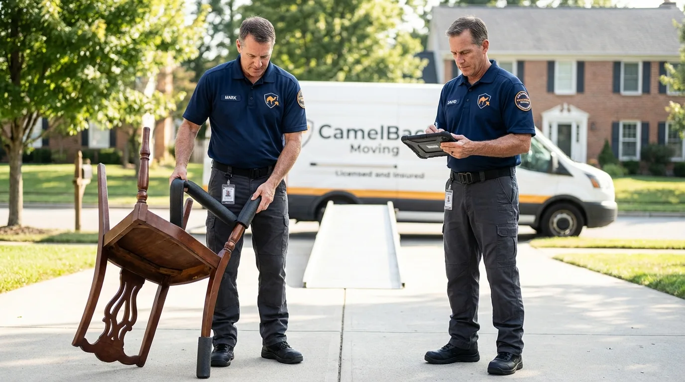 Movers inspecting furniture for damage prevention before loading in National Park, NJ
