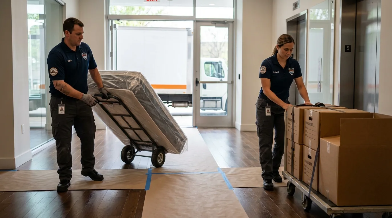 Professional apartment movers loading elevator in National Park, NJ